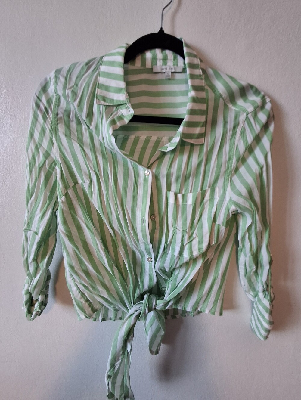 Striped Tie-Front Button-Down Shirt - Green and White